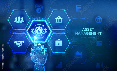 Asset management. Business investment banking payment technology concept on virutal screen. Wireframe hand touching digital interface. Vector illustration.