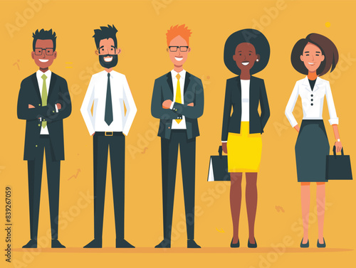 Group diverse cartoon business professionals smiling against yellow background. Standing men women formal attire holding briefcases represent teamwork. Ethnic diversity shown cheerful business team