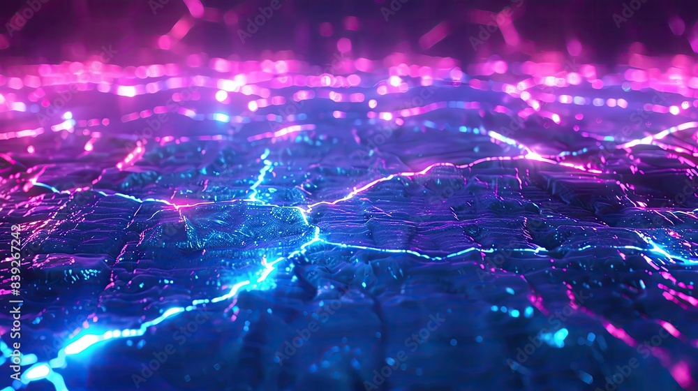 Fototapeta premium Holographic ground with shimmering neon cracks and contours, serene futuristic backdrop