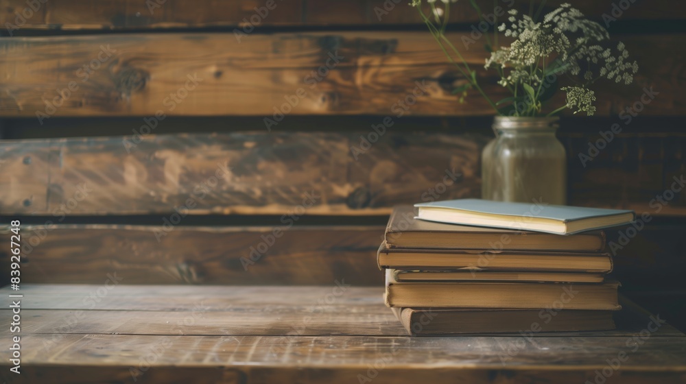 A stack of books sits on a wooden surface in front of a rustic wood background A stack of books sits on a wooden surface in front of a rustic wood background