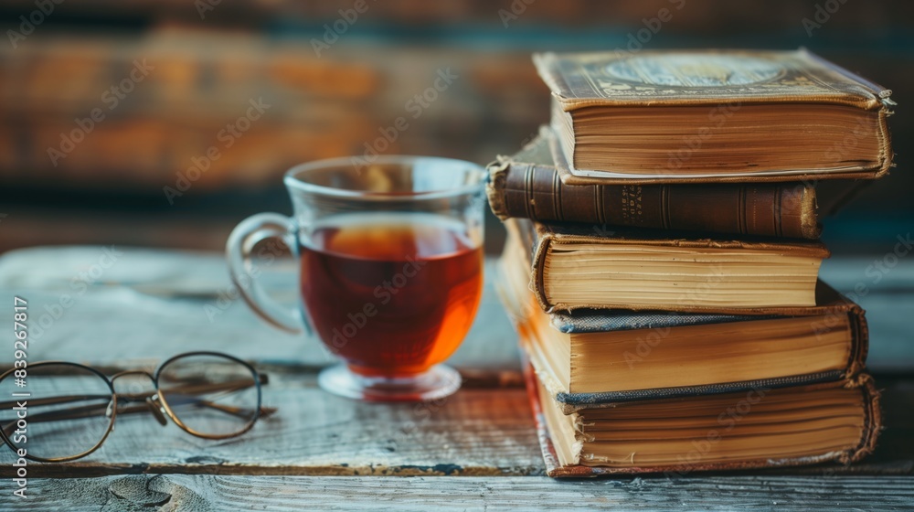 A close-up shot of a stack of vintage books and a glass of tea on a weathered wooden table A close-up shot of a stack of vintage books and a glass of tea on a weathered wooden table