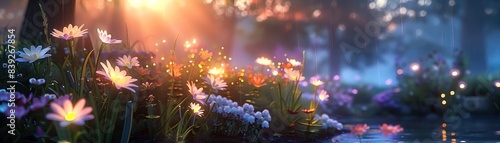 Enchanted garden at twilight with glowing flowers radiating a magical aura with abundant copy space photo