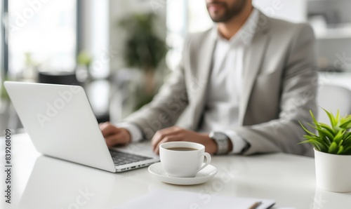 Business Morning, Professional at Work with Coffee. Executive Focus, Strategic Planning Over Morning Coffee. Morning Strategies, Coffee and Emails at Sunrise