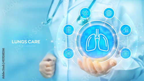 Lungs care. Pulmonology medicine concept. Respiratory system examination and treatment. Doctor holding in hand Lungs icon and medical icons network connection on virtual screen. Vector illustration.
