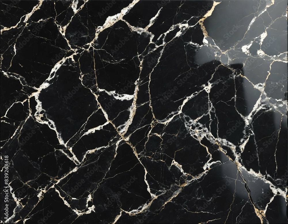 The image is a black marble slab with white and gold veins.