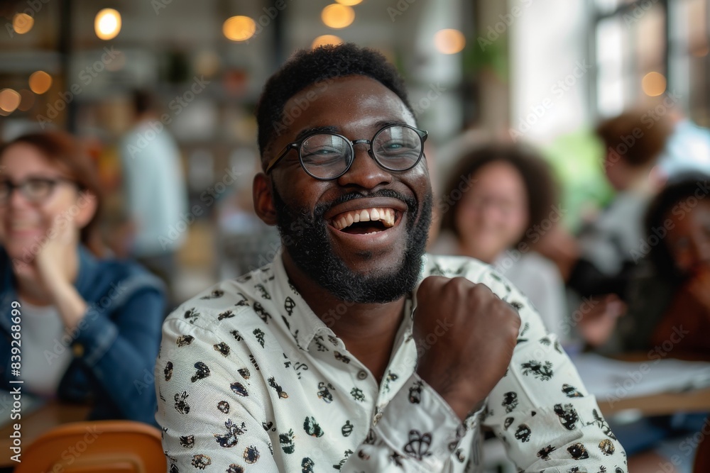 Fototapeta premium Man in glasses, smiling, seated at table in group