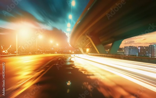 Highway overpass motion blur with city background which is very impressive