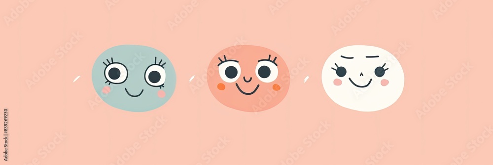 Minimalist cartoon faces with simple features like eyes and smiles, on a soft pastel background Minimalist cartoon faces with simple features like eyes and smiles, on a soft pastel background