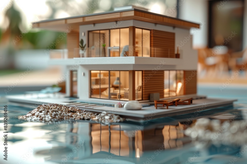 Fototapeta premium House model on table immersed in water