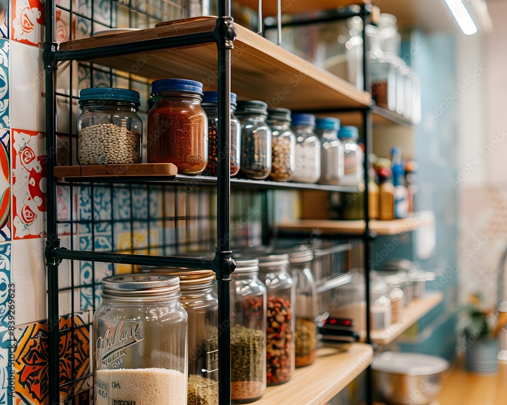 A shelf full of jars and bottles of spices A shelf full of jars and bottles of spices