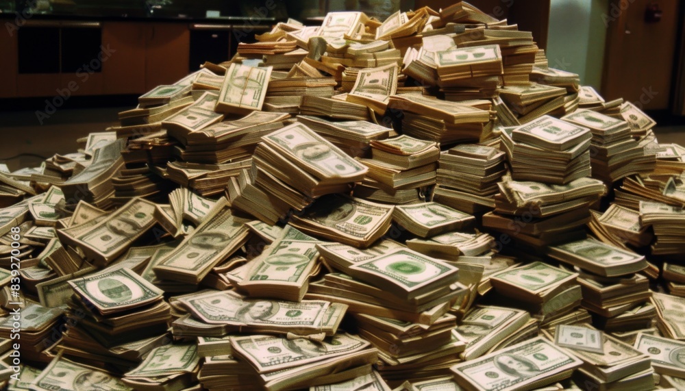 Big pile of US dollar notes a lot of money. Bill stacks cash, Millions of Dollars Big pile of US dollar notes a lot of money. Bill stacks cash, Millions of Dollars