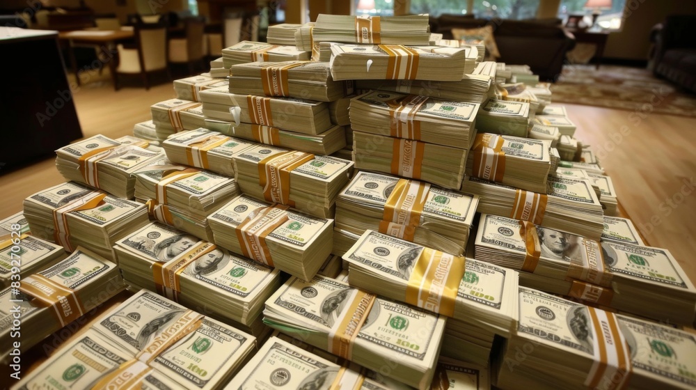 Big pile of US dollar notes a lot of money. Bill stacks cash, Millions of Dollars Big pile of US dollar notes a lot of money. Bill stacks cash, Millions of Dollars