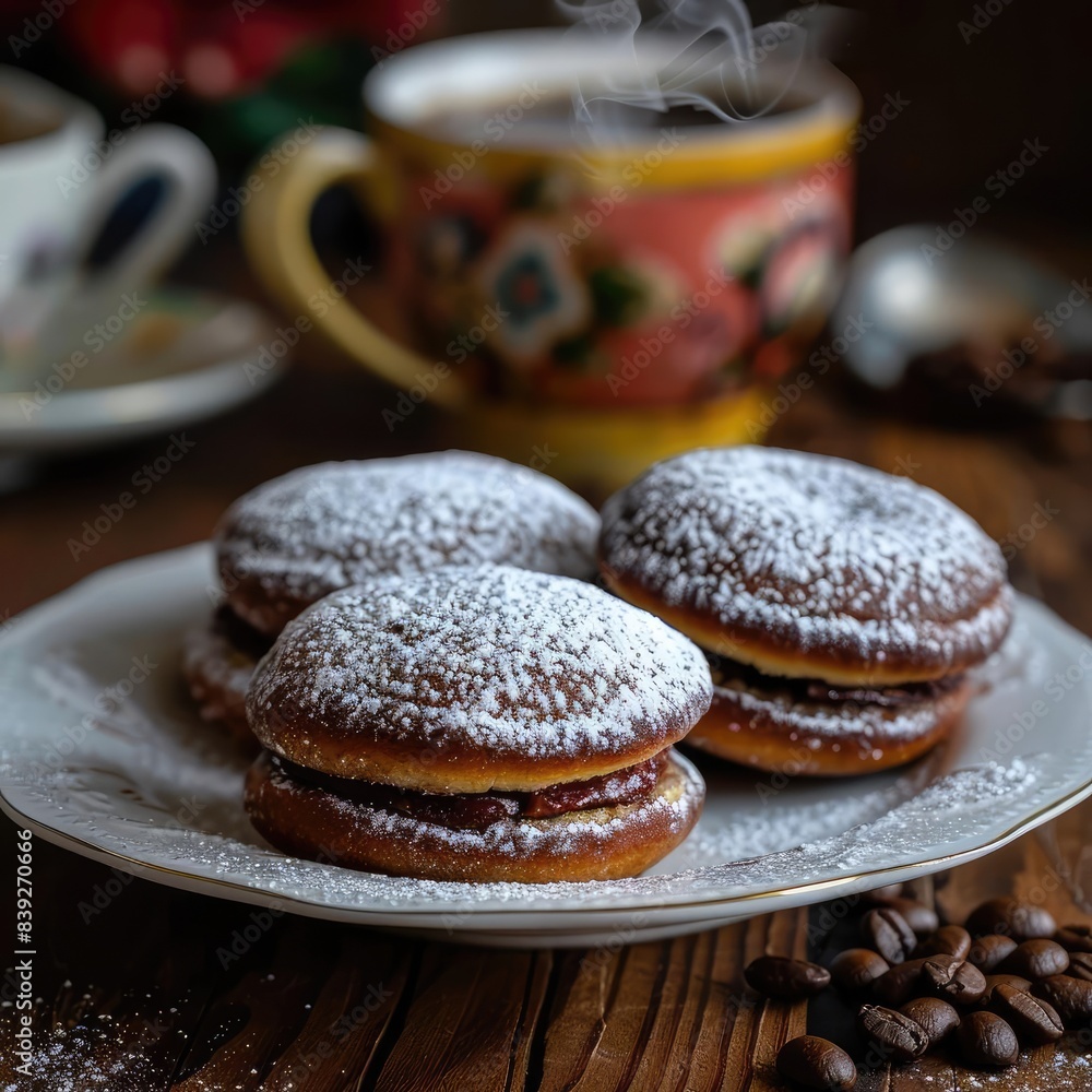 Delicious powdered sugar-covered pastries served on a plate, accompanied by steaming hot coffee in a cozy setting. Delicious powdered sugar-covered pastries served on a plate, accompanied by steaming hot coffee in a cozy setting.