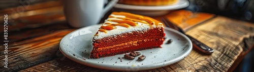 Close-up of a delicious slice of red velvet cake on a rustic wooden table, with a coffee cup in the background. photo