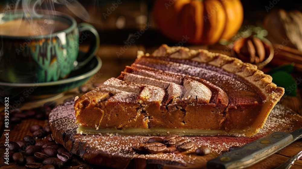 Close-up of a delicious pumpkin pie slice with a cup of coffee in a cozy autumn setting, perfect for Thanksgiving and fall occasions. Close-up of a delicious pumpkin pie slice with a cup of coffee in a cozy autumn setting, perfect for Thanksgiving and fall occasions.