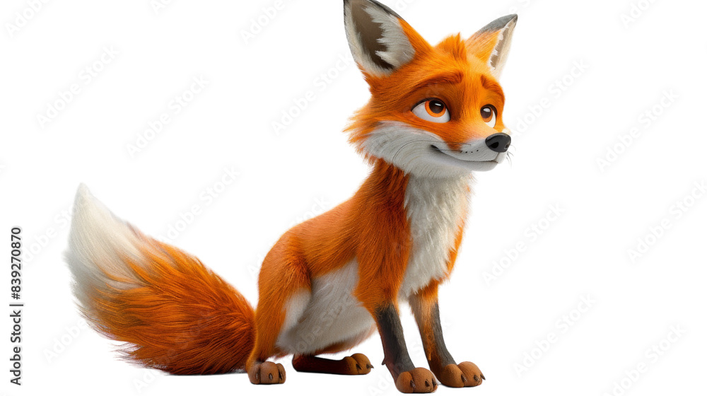 A red fox with a bushy tail sits against a white background A red fox with a bushy tail sits against a white background