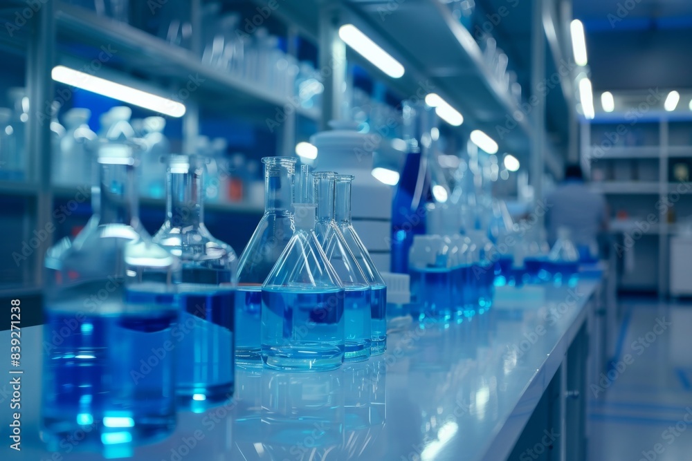 Lab setup: blue liquid and glassware on counter