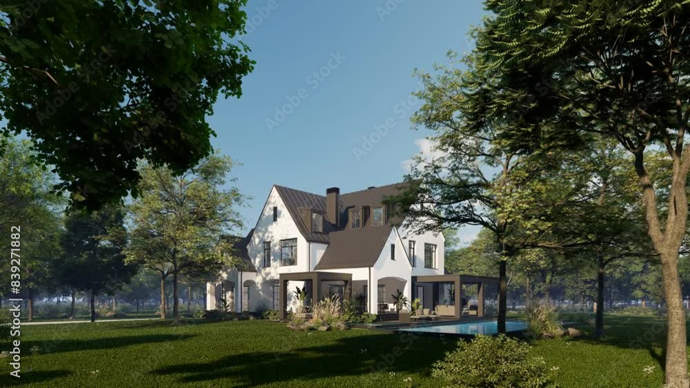4K video rendering of cute cozy white and black modern Tudor style house with parking and pool for sale or rent with beautiful landscaping. Fairy roofs. Clear sunny summer day with blue sky 4K video rendering of cute cozy white and black modern Tudor style house with parking and pool for sale or rent with beautiful landscaping. Fairy roofs. Clear sunny summer day with blue sky