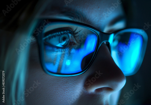 close up of woman's face in glasses with blue light reflections on her eyes from computer screen