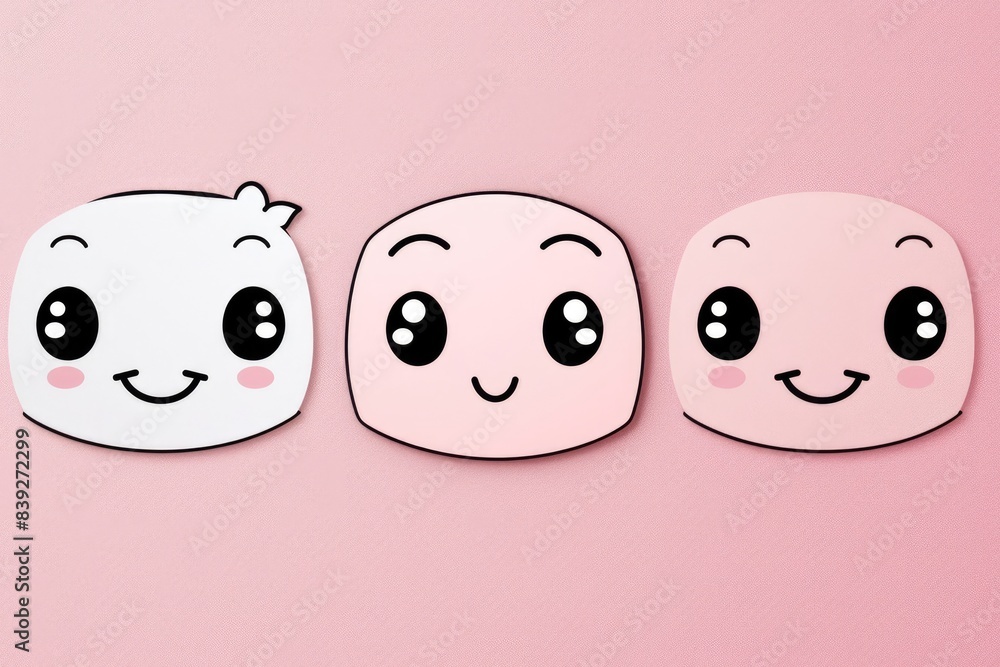 Minimalist cartoon faces with simple features like eyes and smiles, on a soft pastel background Minimalist cartoon faces with simple features like eyes and smiles, on a soft pastel background