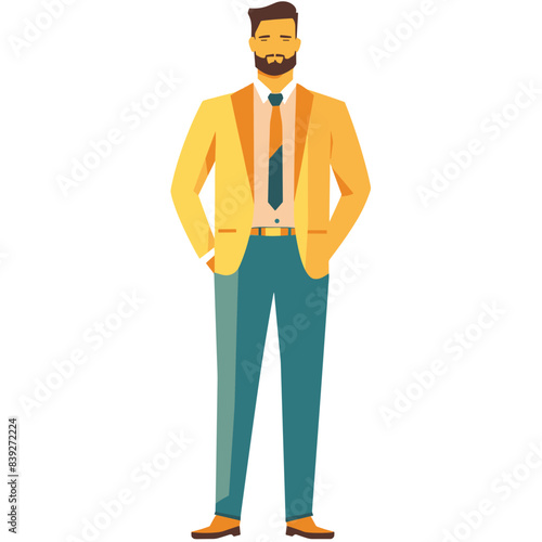 Confident businessman standing, stylish yellow blazer, teal trousers, brown shoes, smiling, hands pockets. Professional attire, modern look, isolated white background, cheerful male character