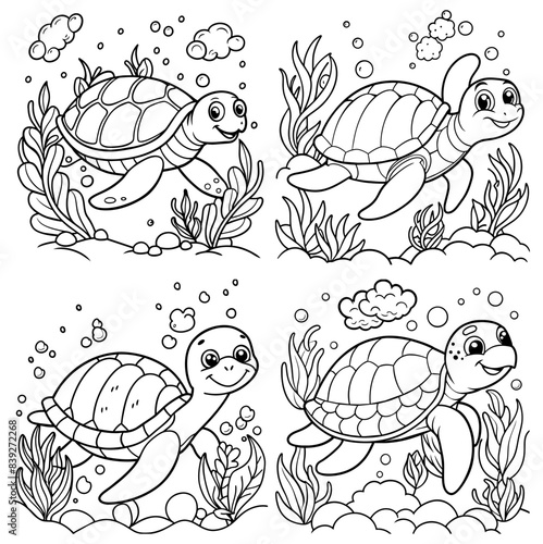 Сute turtle in the sea among sea meadow and air bubbles coloring page