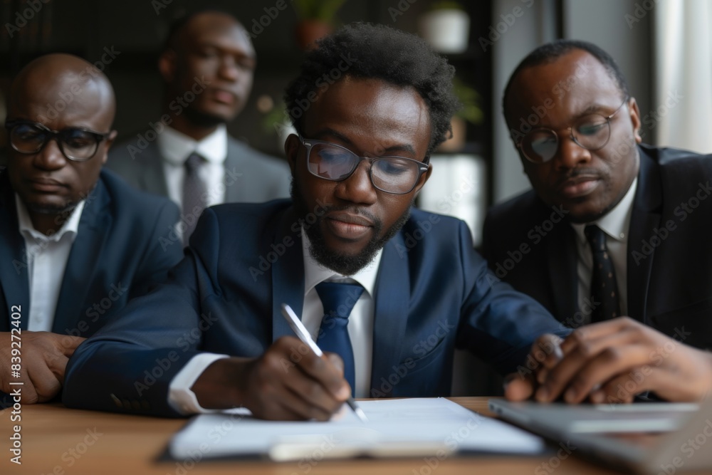 Group of suit-clad men seated around laptop Group of suit-clad men seated around laptop
