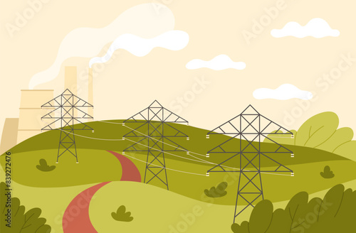 Village green landscape with electric power lines, high voltage cables and transmission towers vector illustration