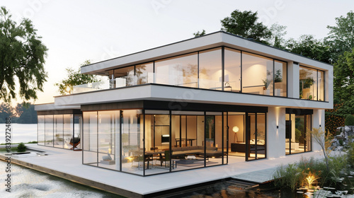Modern German riverside 3D home exterior with glass walls, spacious terrace, and water views on a white background
