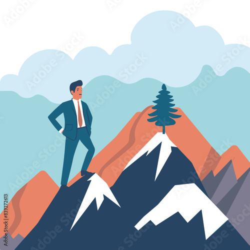 Businessman standing atop mountain peak, success achievement concept. Confident male character suit achieved top goals, career summit. Professional triumph, leadership, aspiration illustration