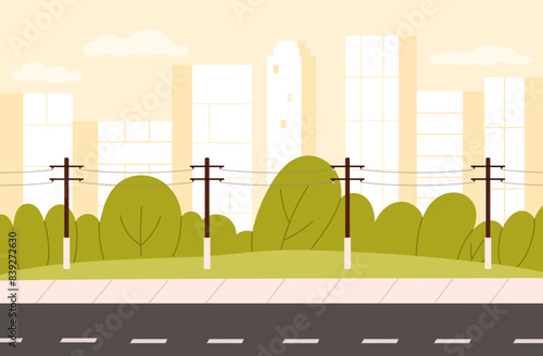 Modern cityscape, road with power lines and silhouettes of skyscrapers vector illustration