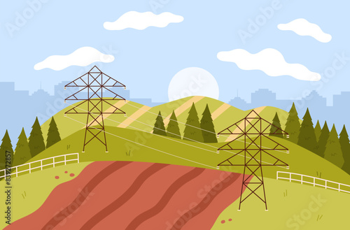 Rural cute landscape with plowed field on hill, power poles vector illustration