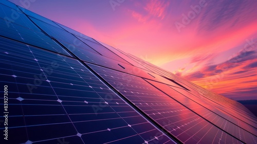 close-up of solar panels emitting sunlight against a clear sky. This image symbolizes green energy and sustainability, emphasizing the importance of using renewable energy for a greener future. photo