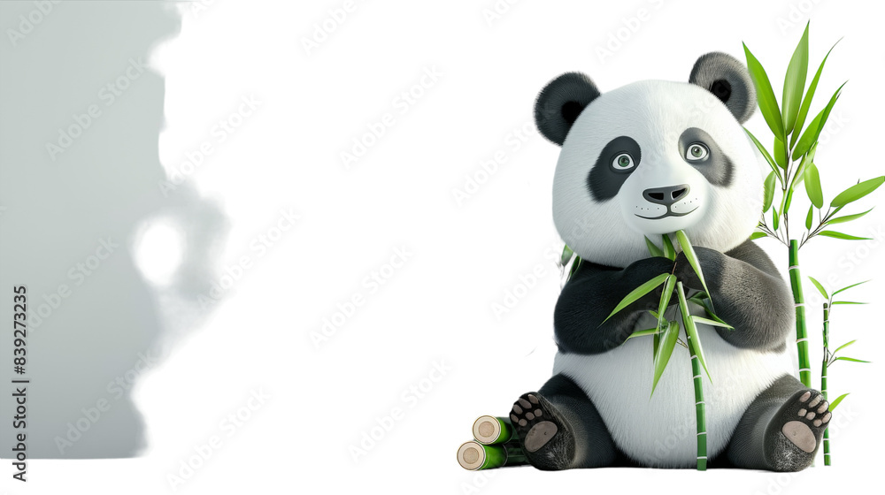 Cute panda bear sitting and eating bamboo, white background, shadow Cute panda bear sitting and eating bamboo, white background, shadow
