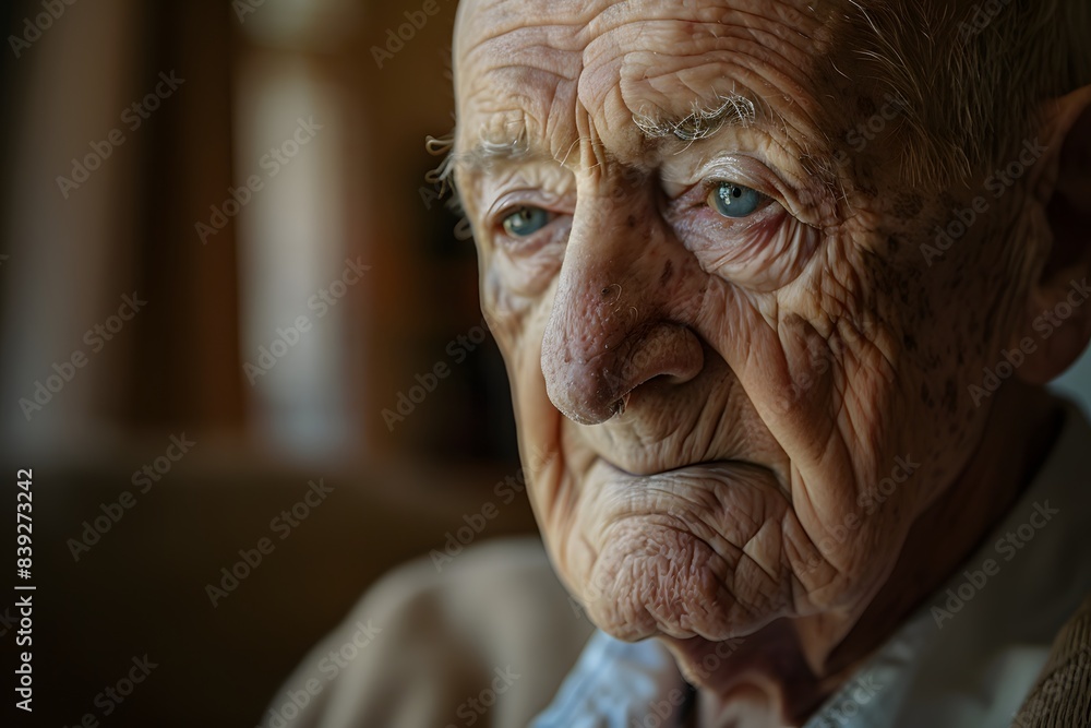 An old man with a blue eye stares at the camera An old man with a blue eye stares at the camera