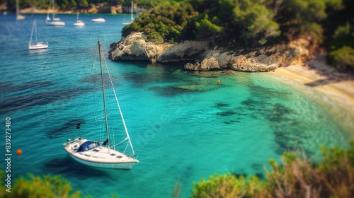 A Sailboat Anchored in a Tranquil Mediterranean Cove. Generative AI