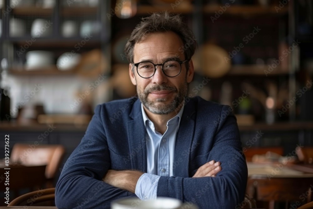 Male in spectacles and blue top seated at desk Male in spectacles and blue top seated at desk