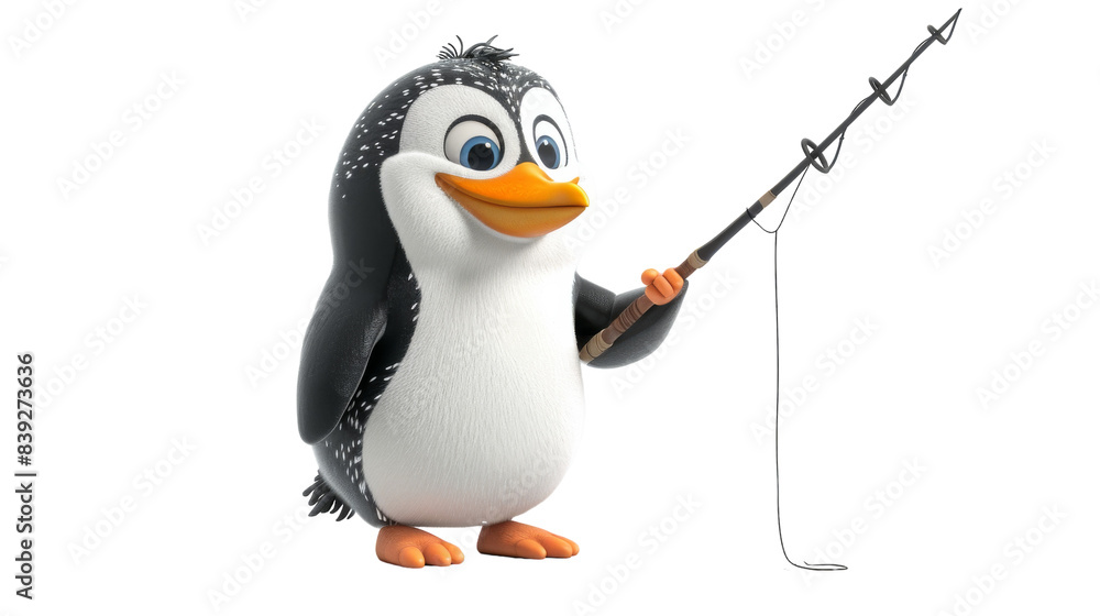 Obraz premium A cartoon penguin holds a fishing rod