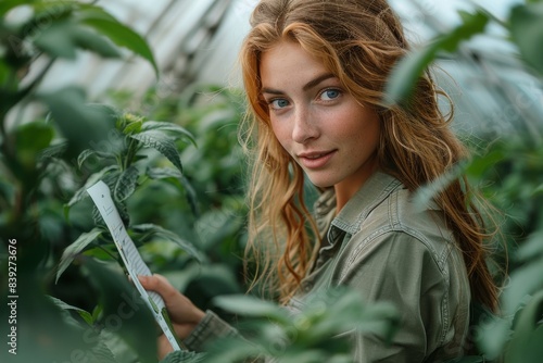 A young woman with striking blue eyes is seen reading a paper among greenery in a greenhouse