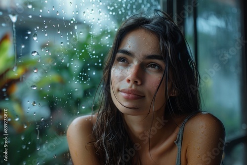 Female observing rain through window