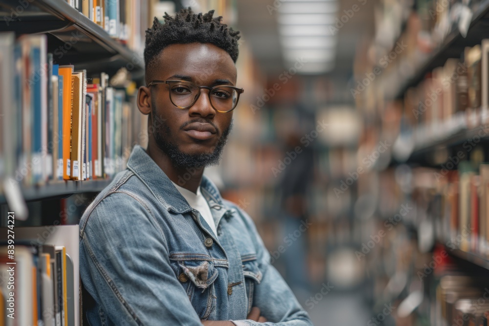 Man in library surrounded by stocked bookshelf Man in library surrounded by stocked bookshelf