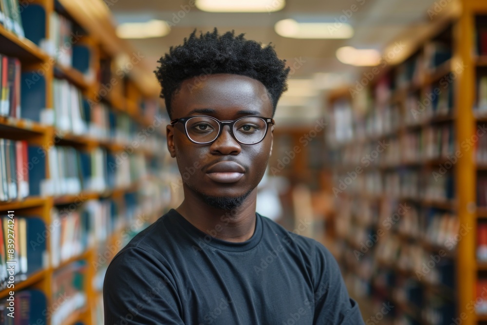 Man in glasses at library with books Man in glasses at library with books