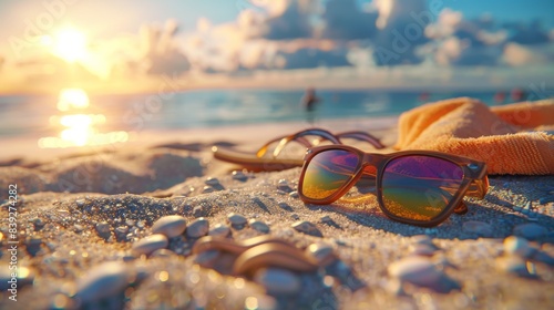 Wallpaper Mural A pair of sunglasses and a beach towel are on the sand Torontodigital.ca