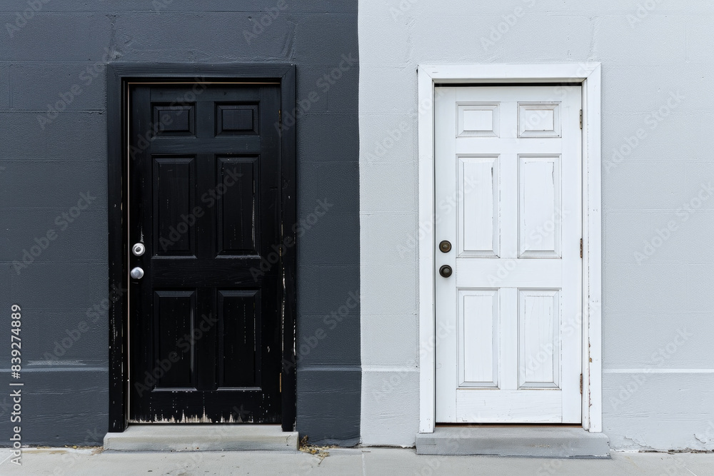 Two doors side by side, one painted black and the other white, against a neutral gray background. The stark contrast between the doors creates a striking visual effect. Two doors side by side, one painted black and the other white, against a neutral gray background. The stark contrast between the doors creates a striking visual effect.