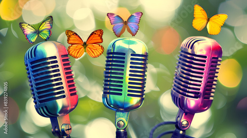 Colorful microphones with butterflies