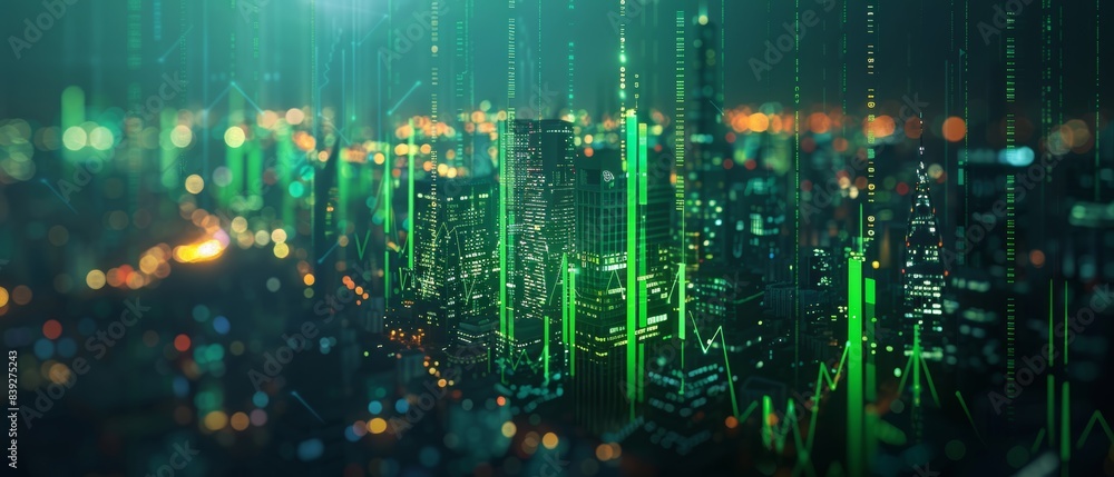 Fototapeta premium Cityscape with glowing green arrows, highlighting the upward trajectory of companies investing in sustainable development and ESG