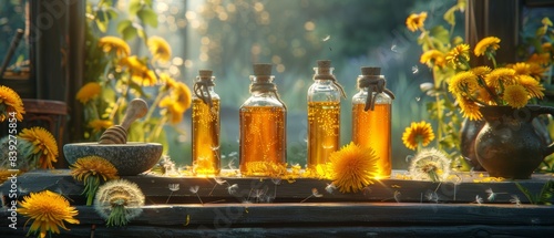 A table with dandelion tincture bottles, mortar and honey set up, surrounded by fresh dandelions and warm lighting photo