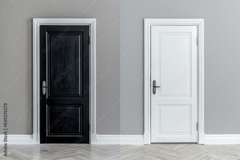 Two doors side by side, one painted black and the other white, against a neutral gray background. The stark contrast between the doors creates a striking visual effect. Two doors side by side, one painted black and the other white, against a neutral gray background. The stark contrast between the doors creates a striking visual effect.