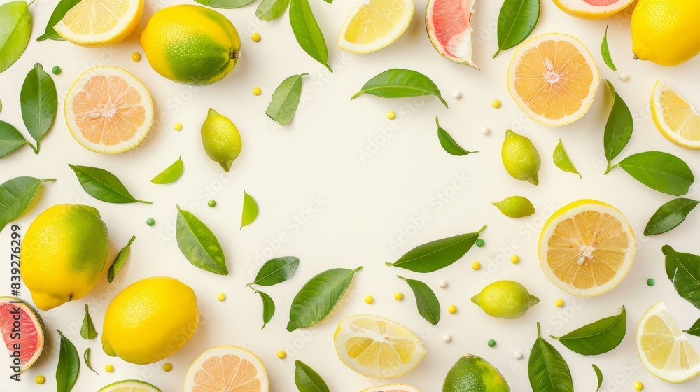 Assorted lemons and limes with green leaves arranged on a light background. Fresh and vibrant citrus concept, isolated on white. Assorted lemons and limes with green leaves arranged on a light background. Fresh and vibrant citrus concept, isolated on white.