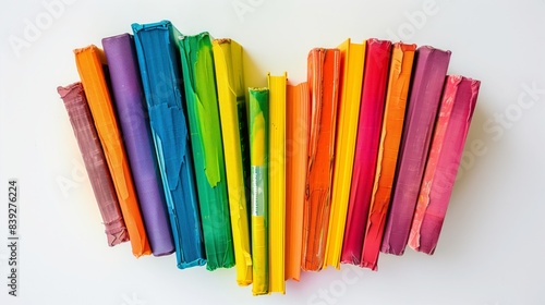 Books arranged in a rainbow shape